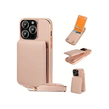 Turcoshop11 İphone 16 Pro Pembe Yapay Deri Çapraz Telefon Kılıfı Kart Yuvası Askı Ve Ayak