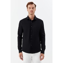 Sabri Özel Erkek Siyah Dar Kesim Slim Fit %100 Pamuk Düz Dokuma Klasik Yaka Gömlek