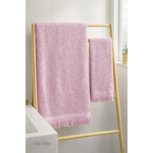 2'li Banyo Ve El Yüz Havlu Seti Saçaklı Kabartma Desenli %100 Pamuk Viyana Pembe