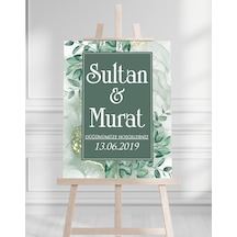 Söz Nişan Düğün İçin 50x70 Karşılama Panosu - Yeşil Çiçek Temalı Beyaz