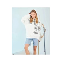 Kadın Oversize Kapüşonlu Baskılı 3 İplik Pamuklu Hoodie Sweatshirt - B Siyah