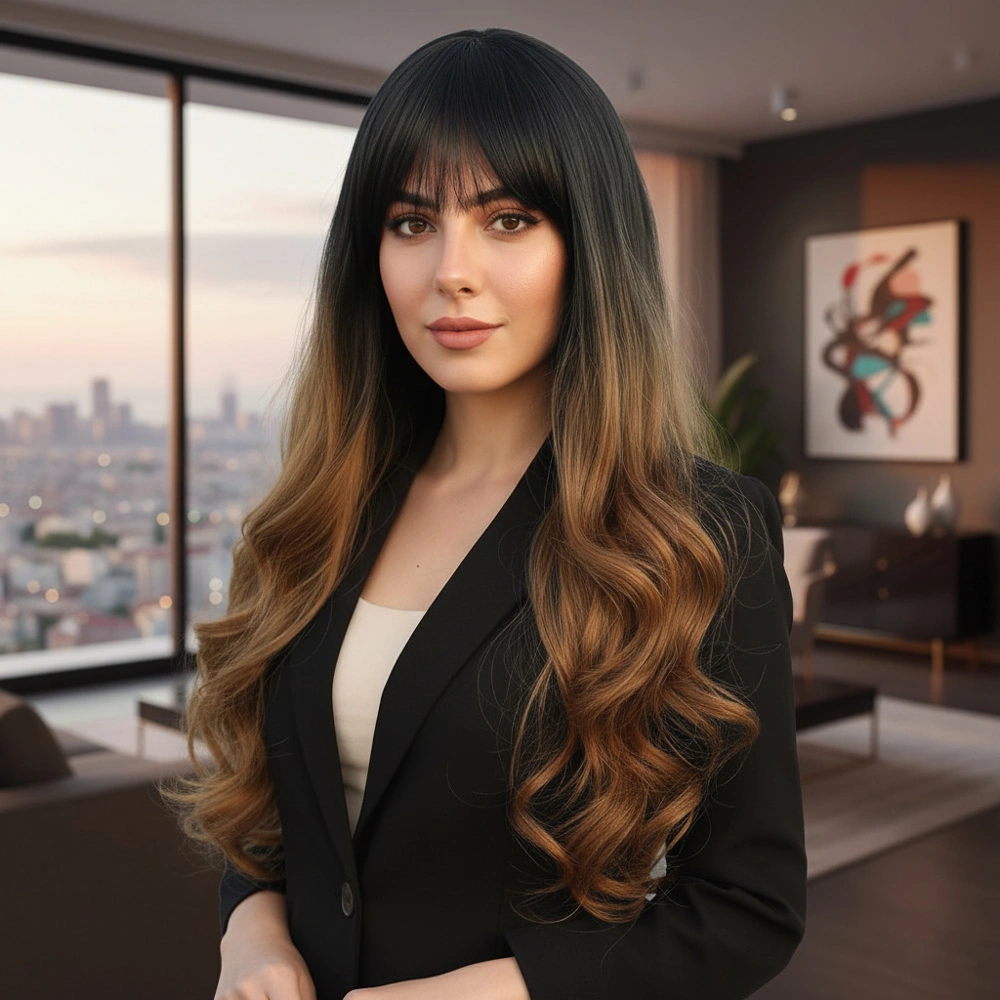 Kahküllü Uzun Dalgalı Fiber Sentetik Peruk / Siyah / Karamel Ombreli - Rxlu-462126 Renkli