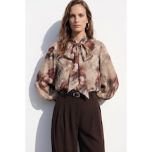Sateen Fularlı Desenli Gömlek - Vizon-137422