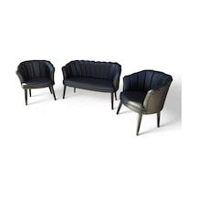 Siyah Deri Ahşap Ayaklı Ofis Koltuk Takımı Bekleme Salonu Koltuk Takımı Ofis Büro Mobilyası 2 1 1 Desenli