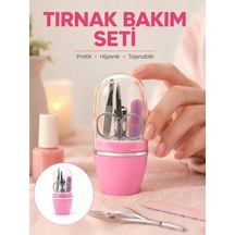 Tırnak Bakım Manikür Pedikür Seti 4 Parça Pembe Paslanmaz Metal Şeffaf Kapaklı Kapsül Mh-hs0411-2626