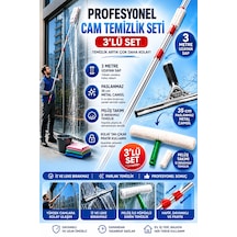 Profesyonel Cam Temizlik Seti 3 Parça - 3 Metre Uzayan Sap + Peluş Aparat + 35 Cm Camsil