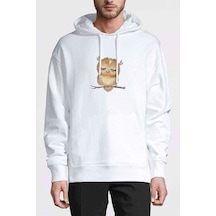 Owl Uykucu Baykuş Baskılı Beyaz Erkek Örme Kapşonlu Sweatshirt