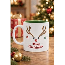 Mesela Yılbaşı Kupası Merry Christmas Desenli Yeşil İçli Hediyelik Kahve Kupa Bardak Beyaz