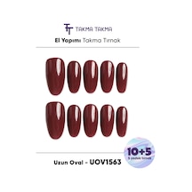 15'li Bordo Uzun Oval Uov1563 Tekrar Kullanılabilir El Yapımı Protez Takma Tırnak S