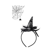 Halloween Şapkalı Cadı Taç Siyah Beyaz Örümcek Desen Abanoz