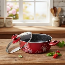 Lotus 22 Cm Derin Tencere - Kırmızı Üzeri Beyaz Çiçek Desenli Cam Kapaklı 12v