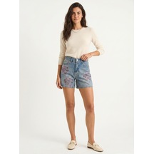 Onloox Kadın Mavi Mavi Pamuklu Yüksek Bel Gül Desenli Renkli Taş Baskılı Denim Shorts
