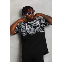 Unisex Oversize Baskılı Bisiklet Yaka T-shirt - Siyah Siyah