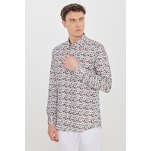 Erkek Bej Yesıl %100 Pamuk Slim Fit Dar Kesim Düğmeli Yaka Baskılı Gömlek Çok Renkli