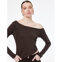 Koton Koton X Sibil Çetinkaya - Slim Fit Uzun Kollu Asimetrik Yaka Tek Omuz Bluz Kahverengi 6wak80018pk Kahve