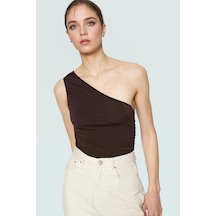 Ersefa Fitted Tek Omuz Bluz Esnek Örme Crop Boy Modern Stil Premium Kali Kahverengi