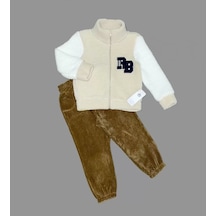 1-2-3 Yaş Kuzu Kumaş Fermuarlı Sweat Kadife Pantolonlu Uzun Kollu Kız Erkek Çocuk 2li Takım Bej Bej