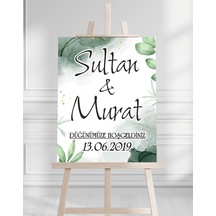 Söz Nişan Düğün İçin 50x70 Karşılama Panosu - Yeşil Pastel Tasarımlı Beyaz