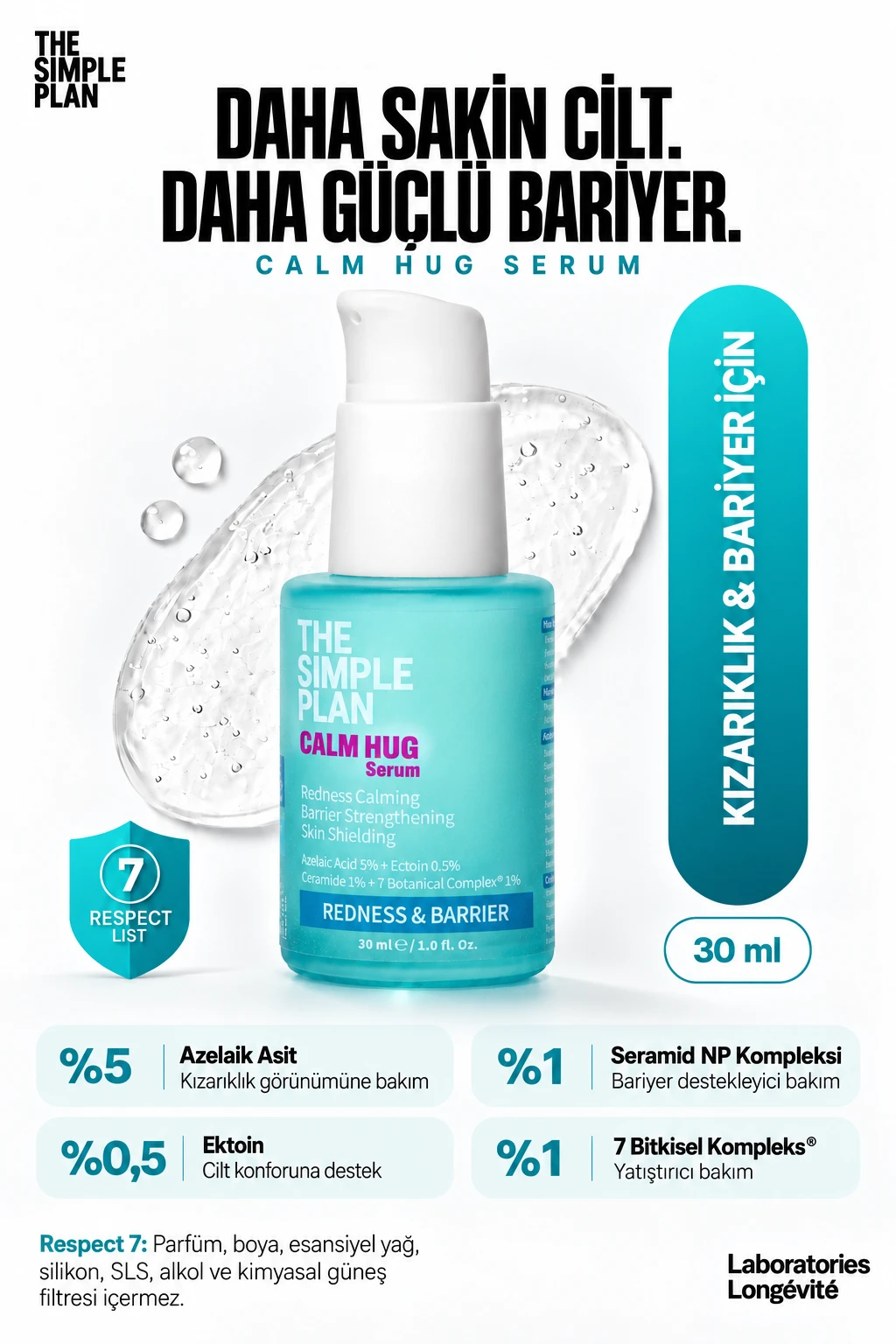 The Simple Plan Calm Hug Serum %5 Azelaik Asit + %0,5 Ektoin + %1 Seramid, Kızarıklık Ve Bariyer, 30 Ml