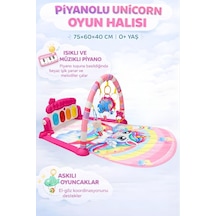 Piyanolu Unicorn Desenli Bebek Oyun Halısı 0+ Ay, Hayvan Figürlü Işıklı ve Müzikli Gelişim Matı