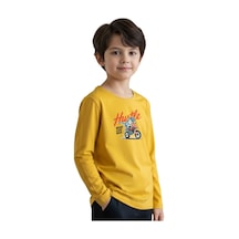 Panios Kids Düz Yuvarlak Yaka Hustle Dino Baskı Detaylı Erkek Çocuk Sweatshirt Sari