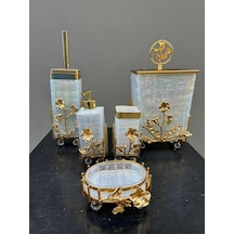 Çiçekli Beyaz Cam Kare Banyo Set Gold