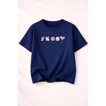 Herkesemoda Minimal Baskı Detaylı Kadın Bisiklet Yaka Pamuklu T-shirt Lacivert