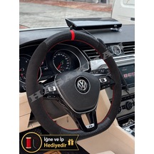 Volkswagen Tiguan Dikme Direksiyon Kılıfı Alcantara Süet Mat Karbon Kırmızı Yüzük Ve Dikiş Spor-r-line 2016-2021 Siyah