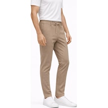 Yazı Erkek Slim Fit Dar Kesim Beli Bağlamalı Yan Cepli Casual Jogger Pantolon Sütlü Kahve