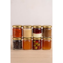 8 Adet 210 Ml Metal Gold Altın Konserve Kapaklı Mama Yoğurt Saklama 210 Cc Şeffaf Cam Kavanoz