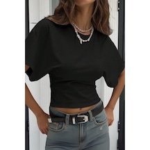 Kadın Siyah Yarasa Kol Belden Oturtmalı Pamuklu T-shirt Siyah