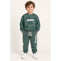 Ahengim Erkek Çocuk Rugby Topu Baskılı Pamuklu Sweatshirt Ve Pantolon Eşofman Takımı Ak119 Koyu Yeşil