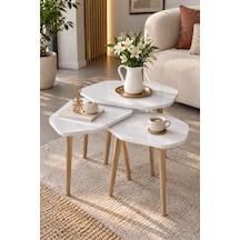 Sulorahome 3'lü Beyaz Geometrik Zigon Sehpa Seti Ahşap Ayaklı