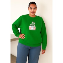 Benroma 3 İplik Penye Çiçekli Fotoğraf Makinesi Baskılı Büyük Beden Unisex Sweatshırt Yeşil