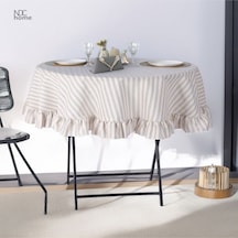 Dnc Home Tekstil  Gri Çizgili Keten Yuvarlak Fırfırlı Masa Örtüsü Griçizgili