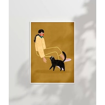 Çerçevesiz Poster Kedi Ve Kadın İllüstrasyon