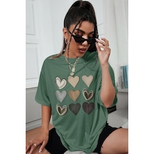 Uyguntarz Unisex Kalp Baskılı T-shirt Yeşil-72671