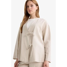 Defacto Regular Fit V Yaka Keten Karışımlı Kimono F7958ax25aubg702 Bej