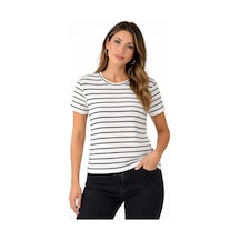 Kadın Çizgili Yazlık Triko T-shirt Bisiklet Yaka Rahat Kalıp Tişört - Beyaz Çok Renkli