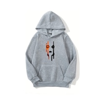 Unisex Gri Kapüşonlu Sweatshirt Yüz Desen Baskılı, Şardonlu Kalın Kumaş Gri