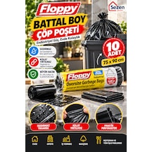 Floppy Battal Boy Çöp Poşeti 75x90 Cm 10 Adet Siyah Dayanıklı Endüstriyel Çöp Torbası