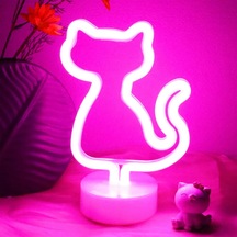 Neon Işık Kedi Neon Tabelaları Gece Lambası Sevimli Pembe Kedi Odası Dekor Tutucu Taban Masa Neon Işık Çocuk Oda Çok Renkli