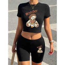 Tarzsokak Yaz Bal Ayısı Karikatür Baskılı Babby Teet-shirt Ve Şort Kadın İki Parçalı Set Üstleri Pantolon Y Siyah