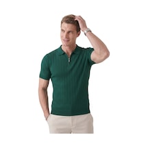 Deepsea Erkek Yeşil Polo Yaka Fermuarlı Çizgi Dokulu Regular Fit Likralı Triko Tişört 2608008 Deepsea Erkek Yeşil Polo Yaka Fermuarlı Çizgi Dokulu Regular Fit Likralı Triko Tişört 2608008