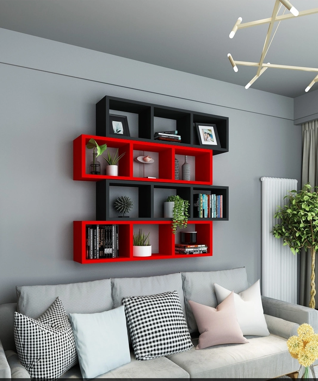 Kitaplık Lux Yatay Duvar Rafı Kırmızı Siyah 4 Lü Takım Kırmızı Siyah