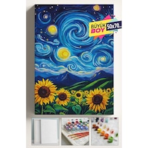 Sayılarla Boyama Seti Numaralı Tuval Fırça Boya Dahil Kasnaklı Set 50x70 Cm - Yıldızlı Gece Ayçiçeği
