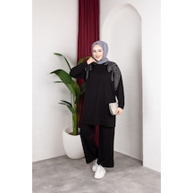Hira Life Fashion Moda Efsa Kadın Siyah Tesettür Giyim Zarif Taş Detaylı Tunik & Pantolon İkili Takım Siyah Siyah