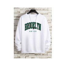 Magors Stıl-x Bisiklet Yaka Pamuklu Beyaz Renk, Brooklyn Baskılı Oversıze Sweatshırt Beyaz