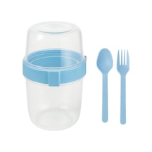 Açık Mavi Saklama Kabı 2 Katlı Taşınabilir Yemek Kabı, Kaşık Ve Çatal Dahil 18x10 Cm Çok Renkli