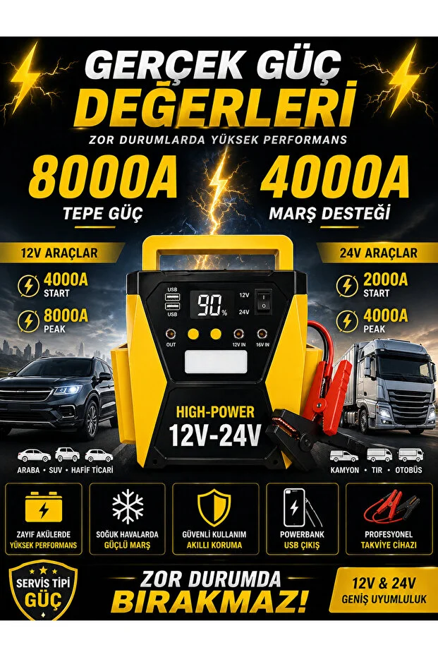 98000mah Tır Traktör Otobus 12v/24v Akü Takviye Cihazı Ağır Vasıta Uyumlu Yeni Nesil